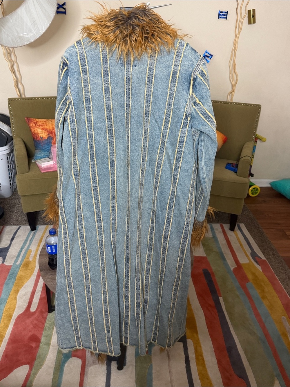 Denim Long Coat with Faux Fur Trim in Vintage Wash - Picture 3 of 4
